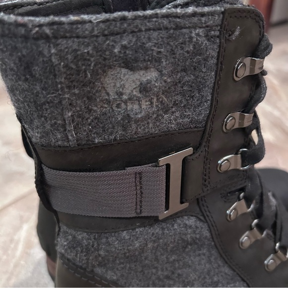 Sorel Major Carly Black Leather Gray Wool Zip Combat Boots Women 8.5 NL2324-010 - Picture 12 of 15